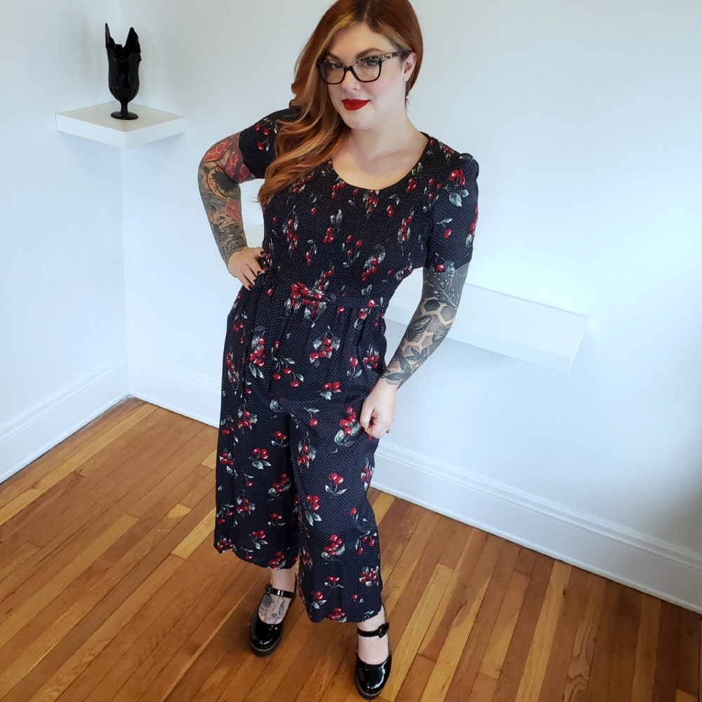 80s Vintage Plus Size Cherry Jumpsuit Pinup Cottage Core